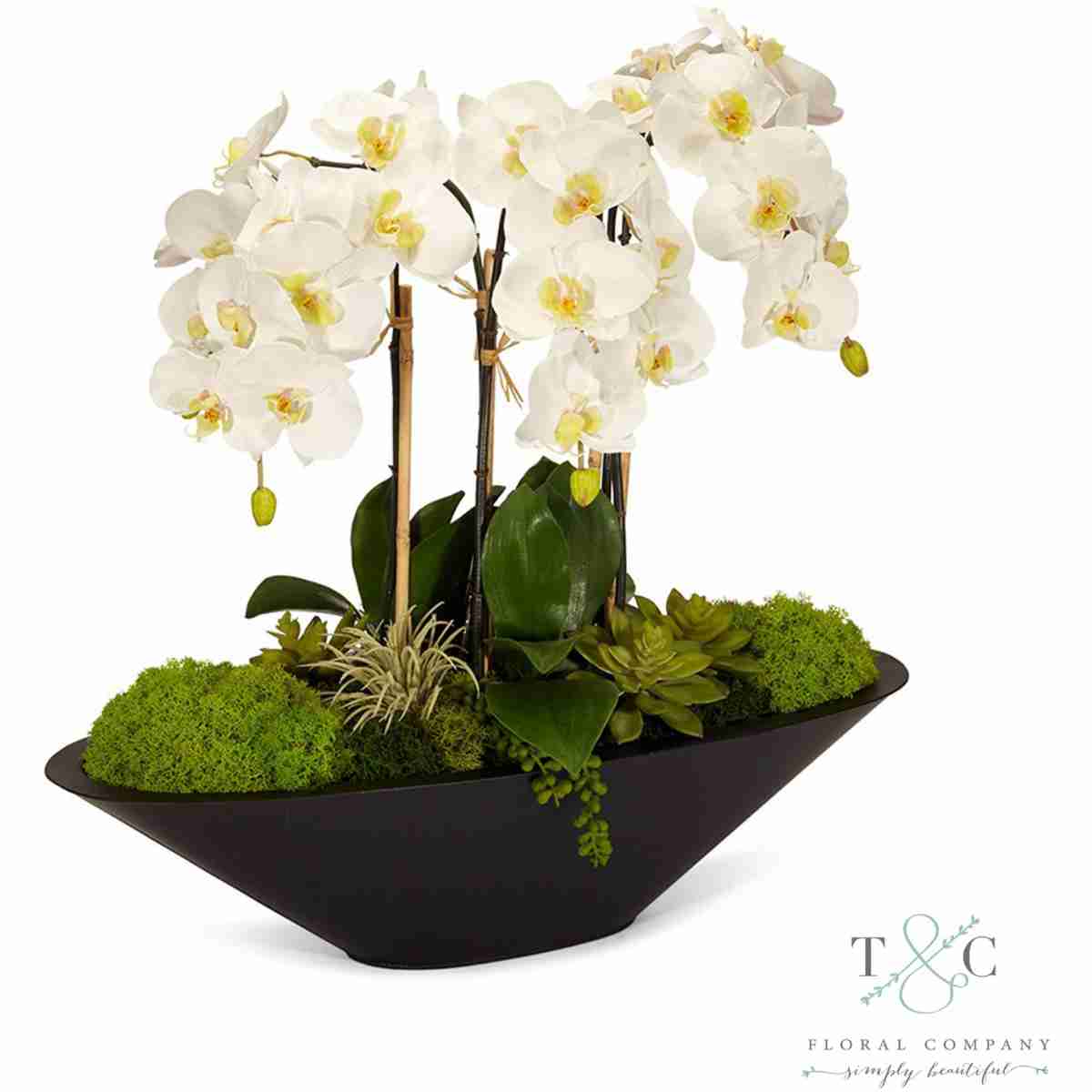 White Orchid In Large Metal Boat - 26L X 11W X 24H Floral Arrangement