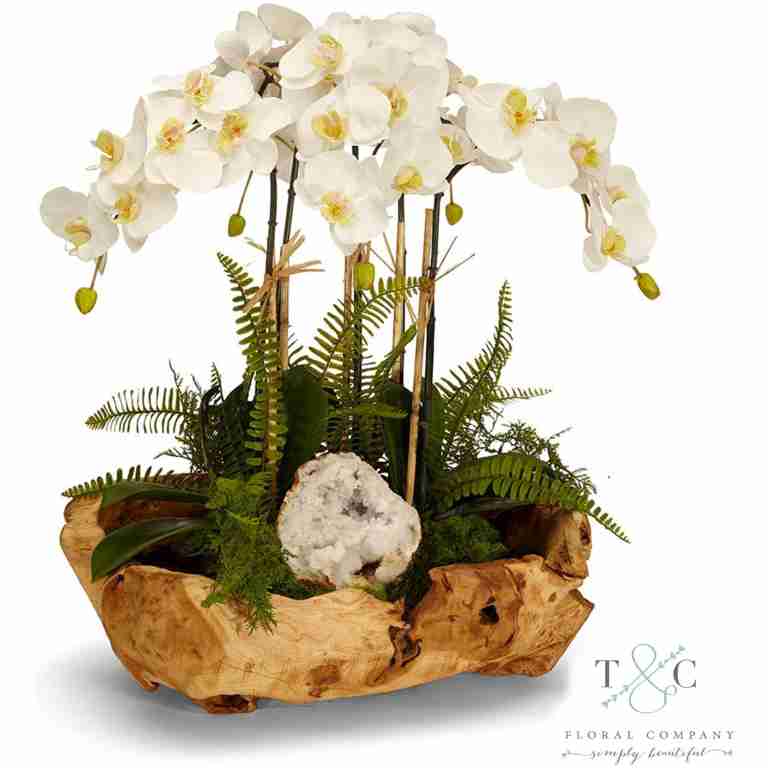 White Orchid and Geode in Wood Bowl - 20L x 15W x 16H Floral Arrangement