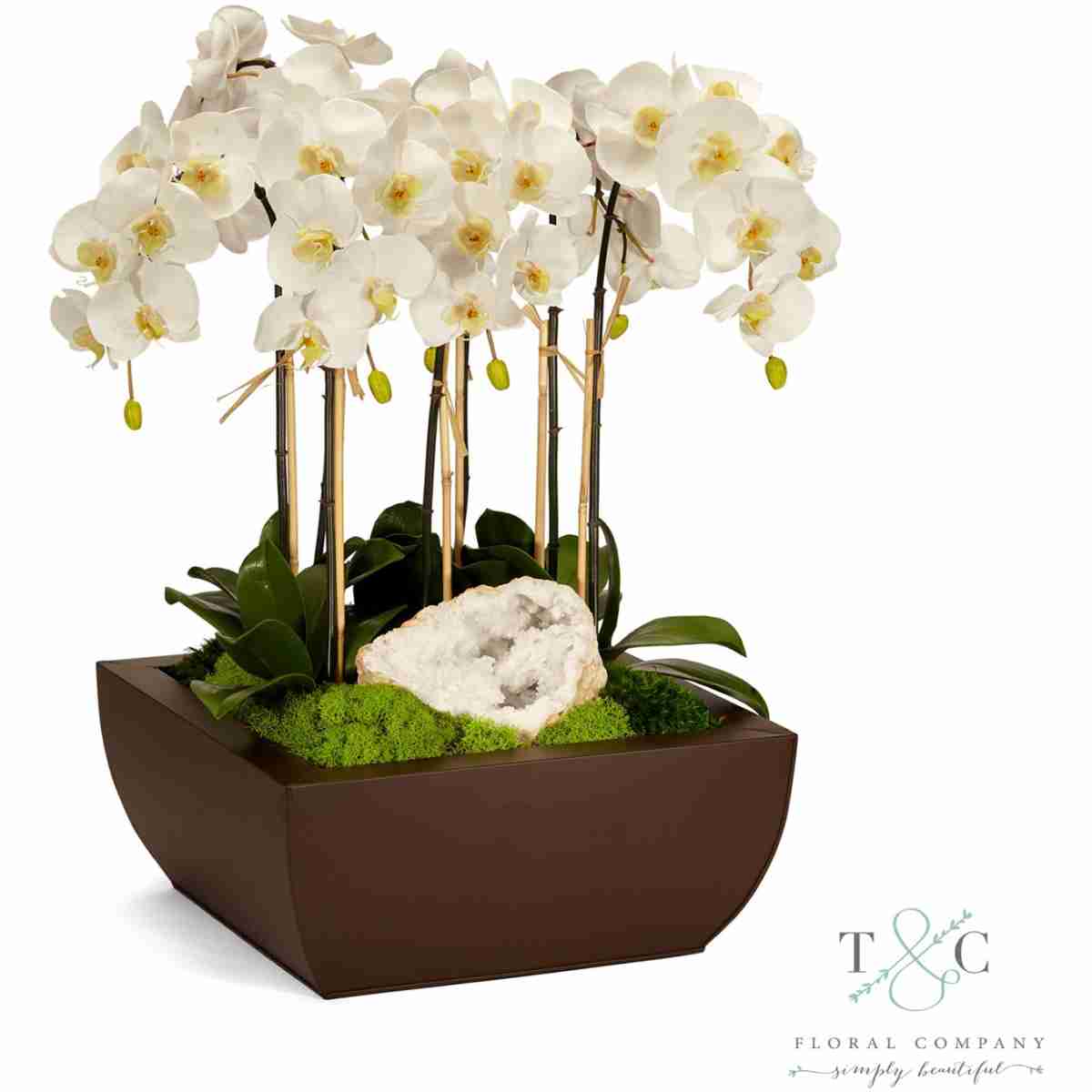 White Orchid And Geode In Large Metal Box - 21L X 21W X 29H Floral Arrangement