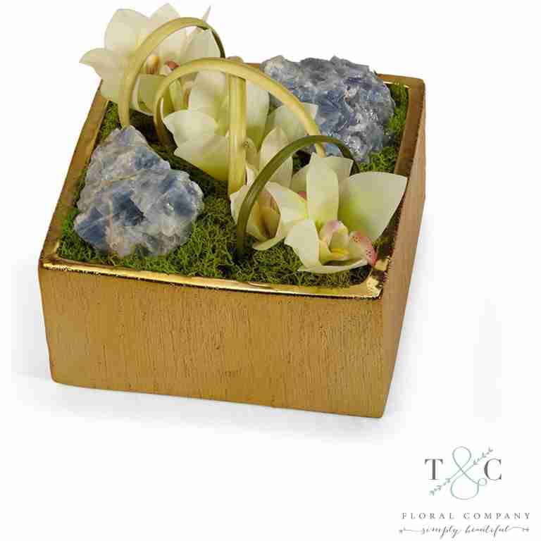 White Orchid with Blue Calcite Table Top in Gold Square - 8L x 8W x 8H Floral Arrangement