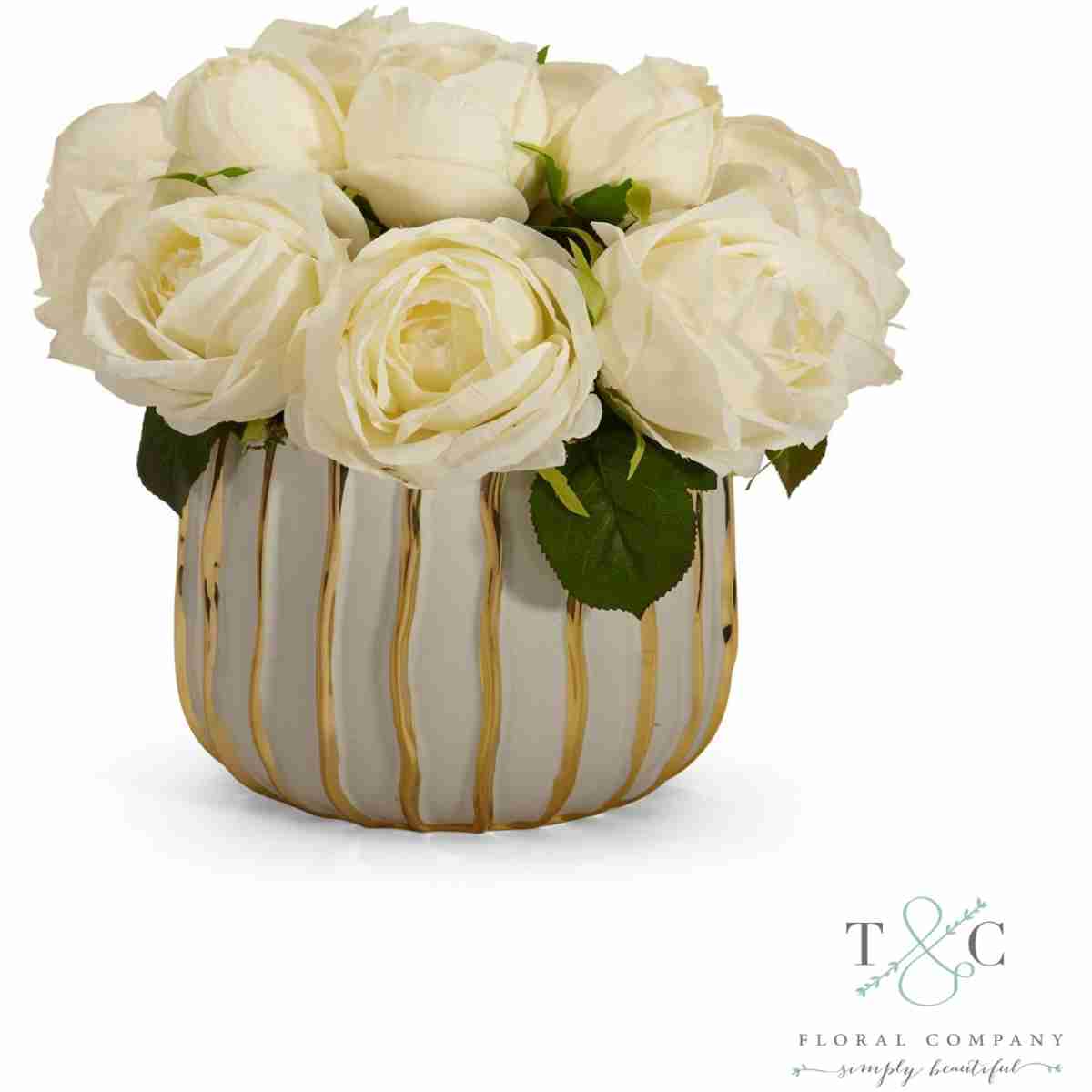 White Rose Bouquet In White And Gold Container - 10L X 10W X 11H Floral Arrangement