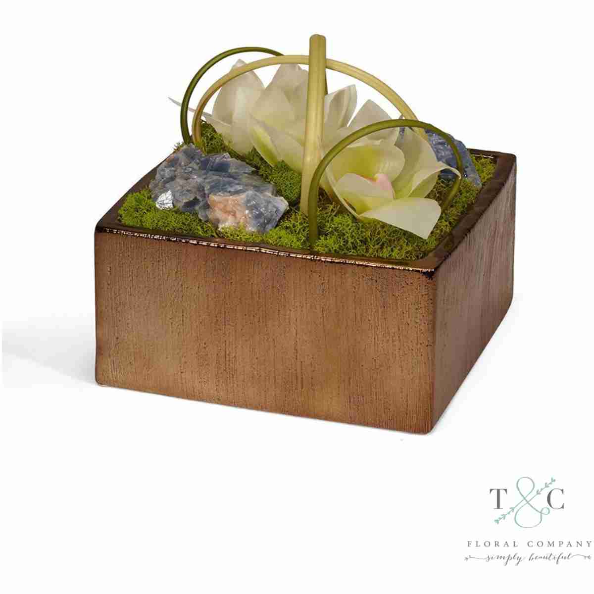 White Orchids With Blue Calcite Table Top In Bronze Square - 8L X 8W X 8H Floral Arrangement