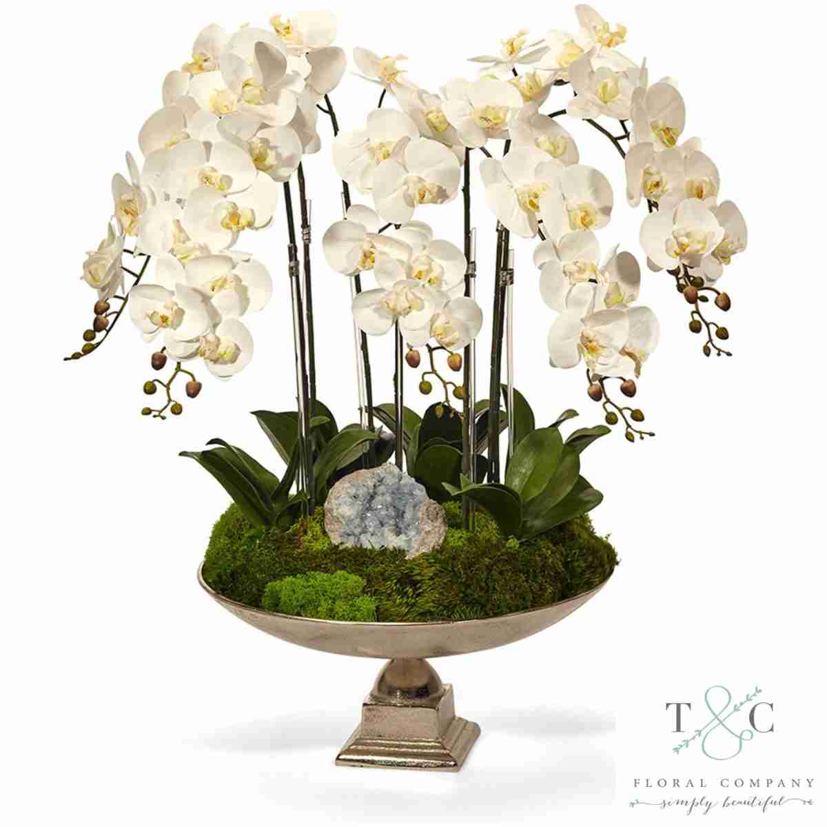 White Orchid And Celestite In Large Silver Urn - 20H X 20W X 30H Floral Arrangement