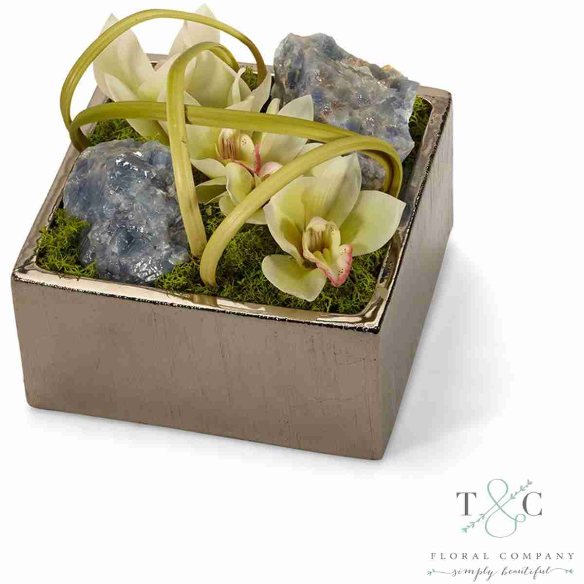 White Orchid With Blue Calcite Table Top In Silver Square - 8L X 8W X 8H Floral Arrangement