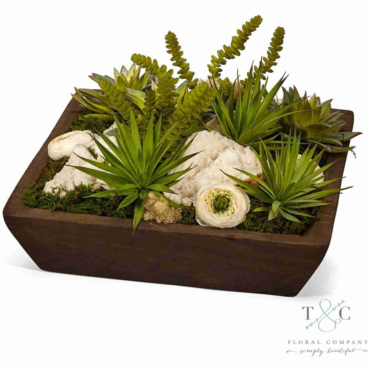 White Preserved Roses With Quartz And Succulent Garden - 15L X 15W X 10H Floral Arrangement