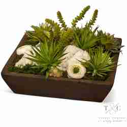 White Preserved Roses with Quartz and Succulent Garden - 15L x 15W x 10H Floral Arrangement